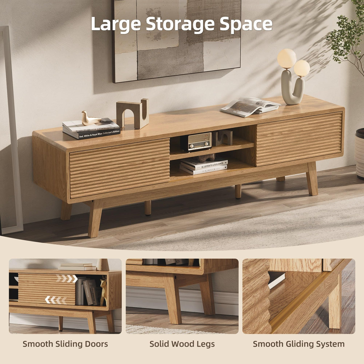 Xilingol 59“ TV Stand for TVs 65”, Mid Century Modern TV Console, Oak