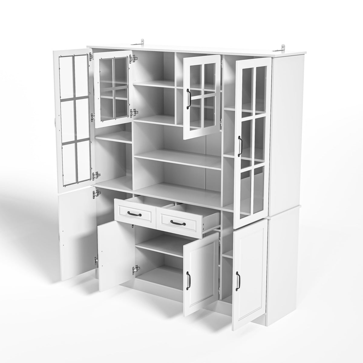 MU Kitchen Storage Cabinet with Glass Doors, Large China Hutch with 2 Drawers & 5 Adjustable Shelves, Kitchen Pantry Hutch for Home Office, Living Room, White (15.8" D x 63" W x 70.9H)
