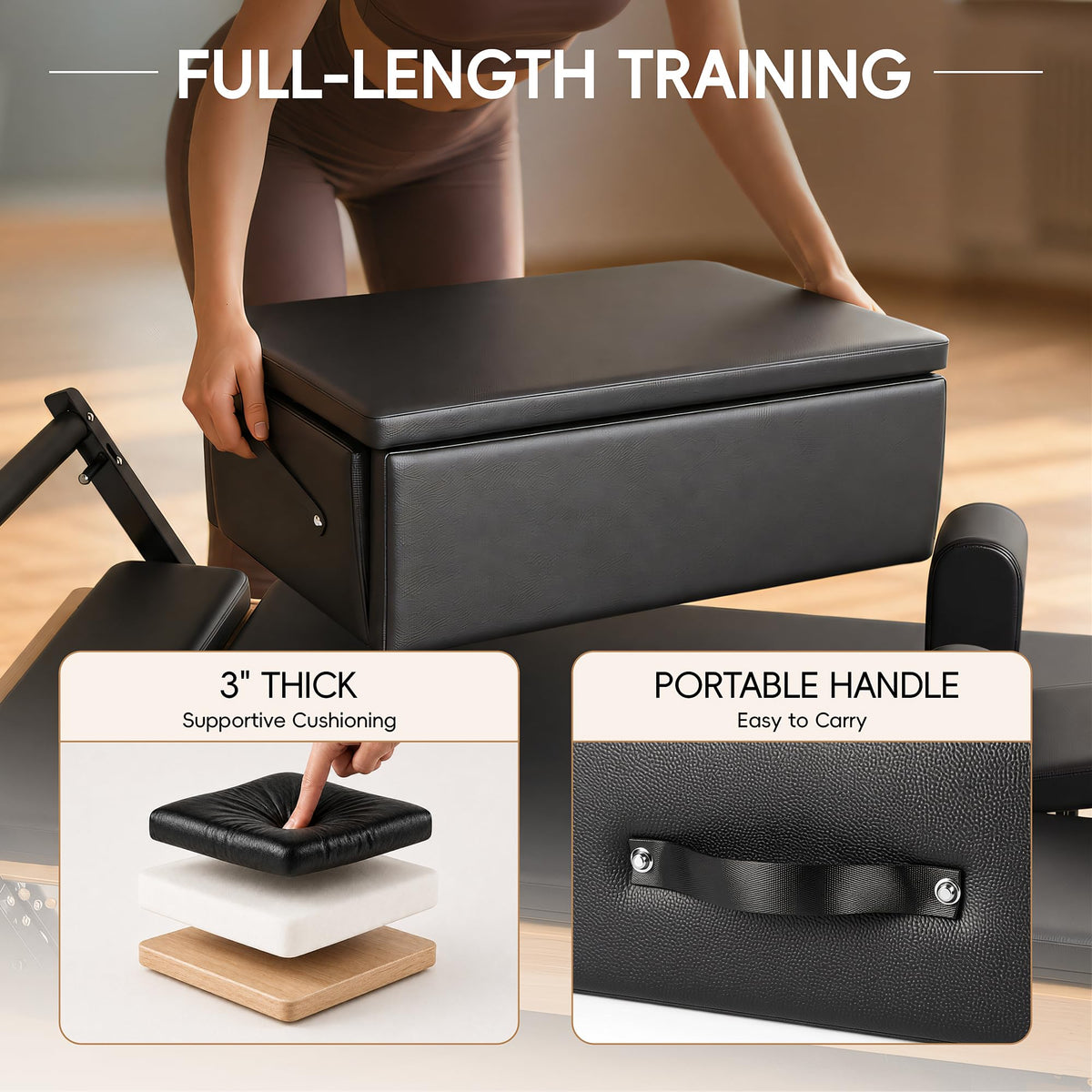 MU Foldable Pilates Reformer Machine for Home, Full-Size Wooden Frame, 5-Spring Resistance, Jumpboard and Box, 500 lb Capacity