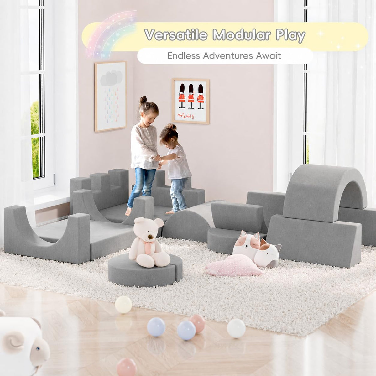 Betterhood 16 Pcs Modular Kids Play Couch, 68" Convertible Foam Sofa, Grey